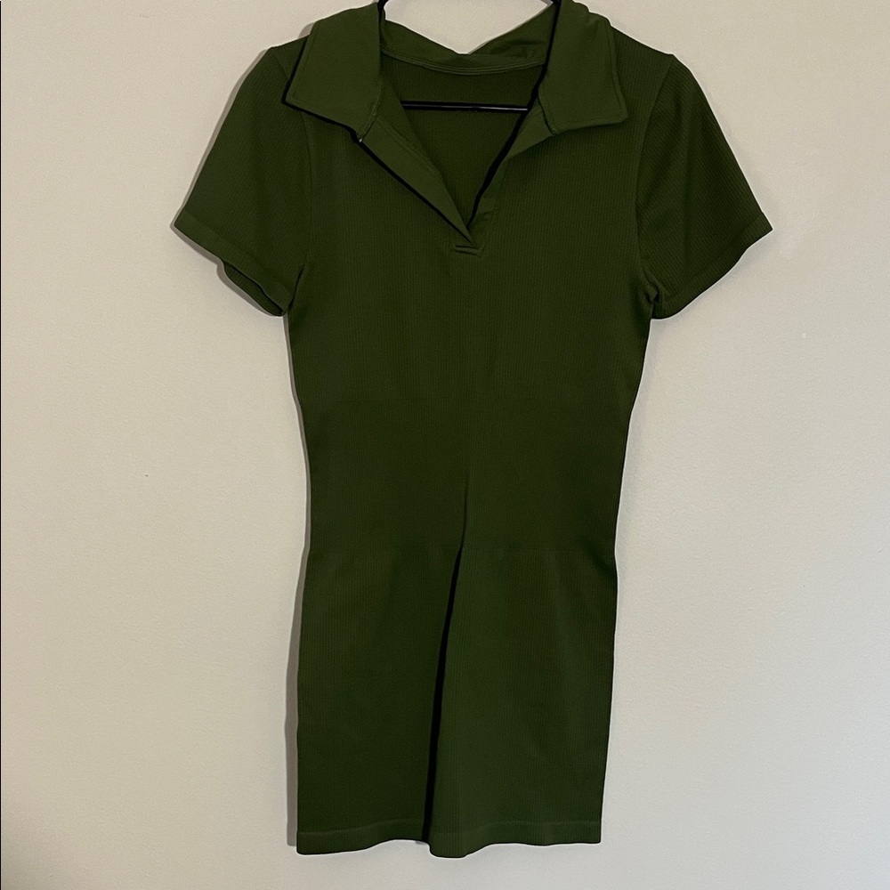 OQQ RIBBED COMPRESSIVE Olive Green Ribbed Polo Dress